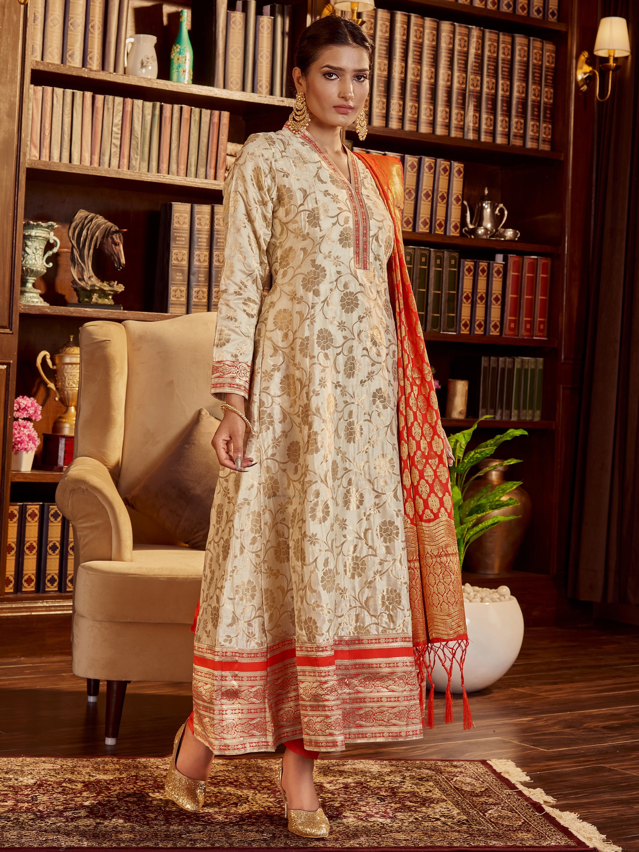 Beige Color Woven Art Silk Kurti With Pant And Dupatta For Festival