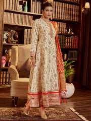 Beige Color Woven Art Silk Kurti With Pant And Dupatta For Festival