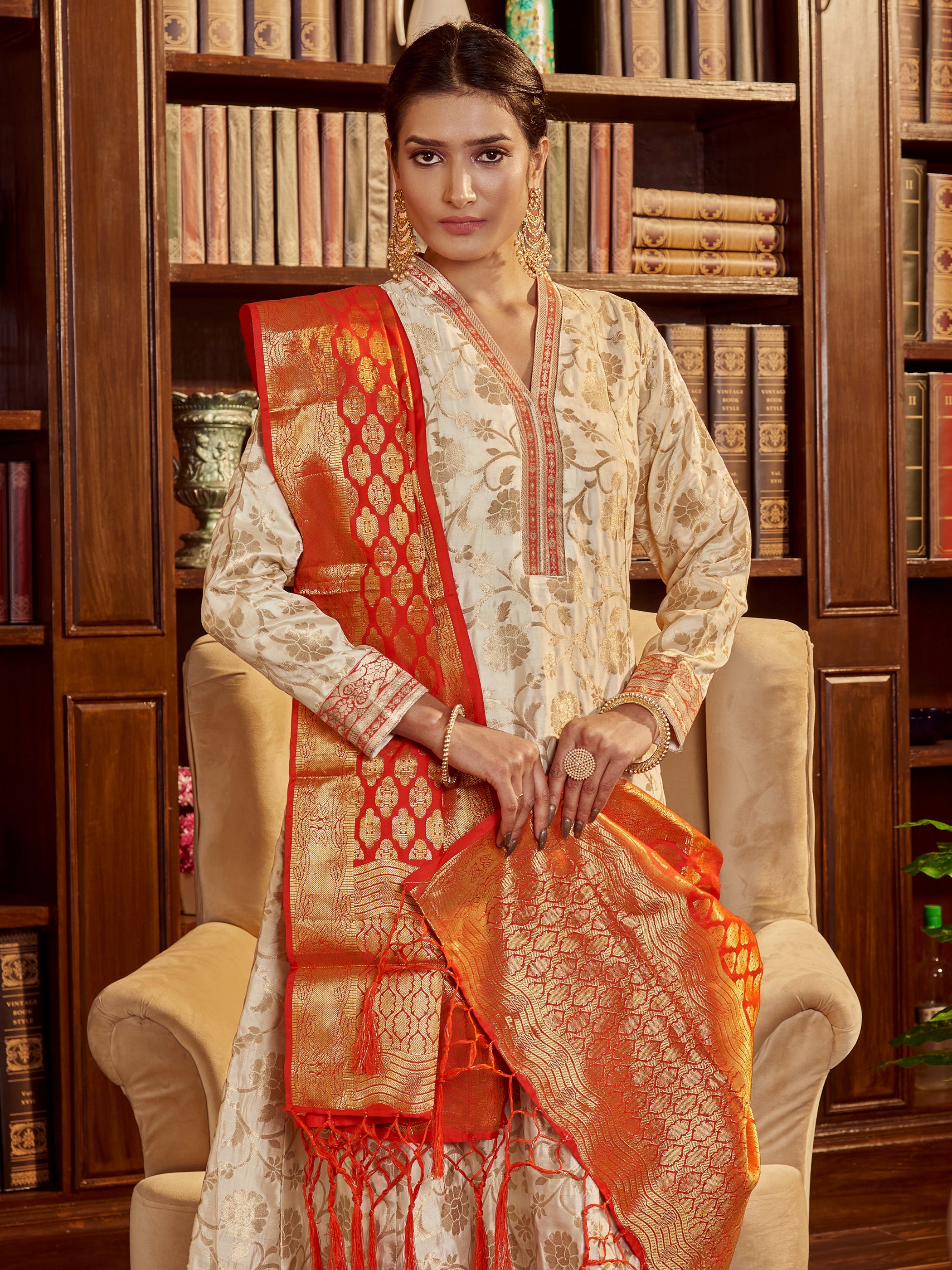 Beige Color Woven Art Silk Kurti With Pant And Dupatta For Festival