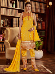 Yellow Color Woven Art Silk Kurti With Pant And Dupatta For Ceremonial