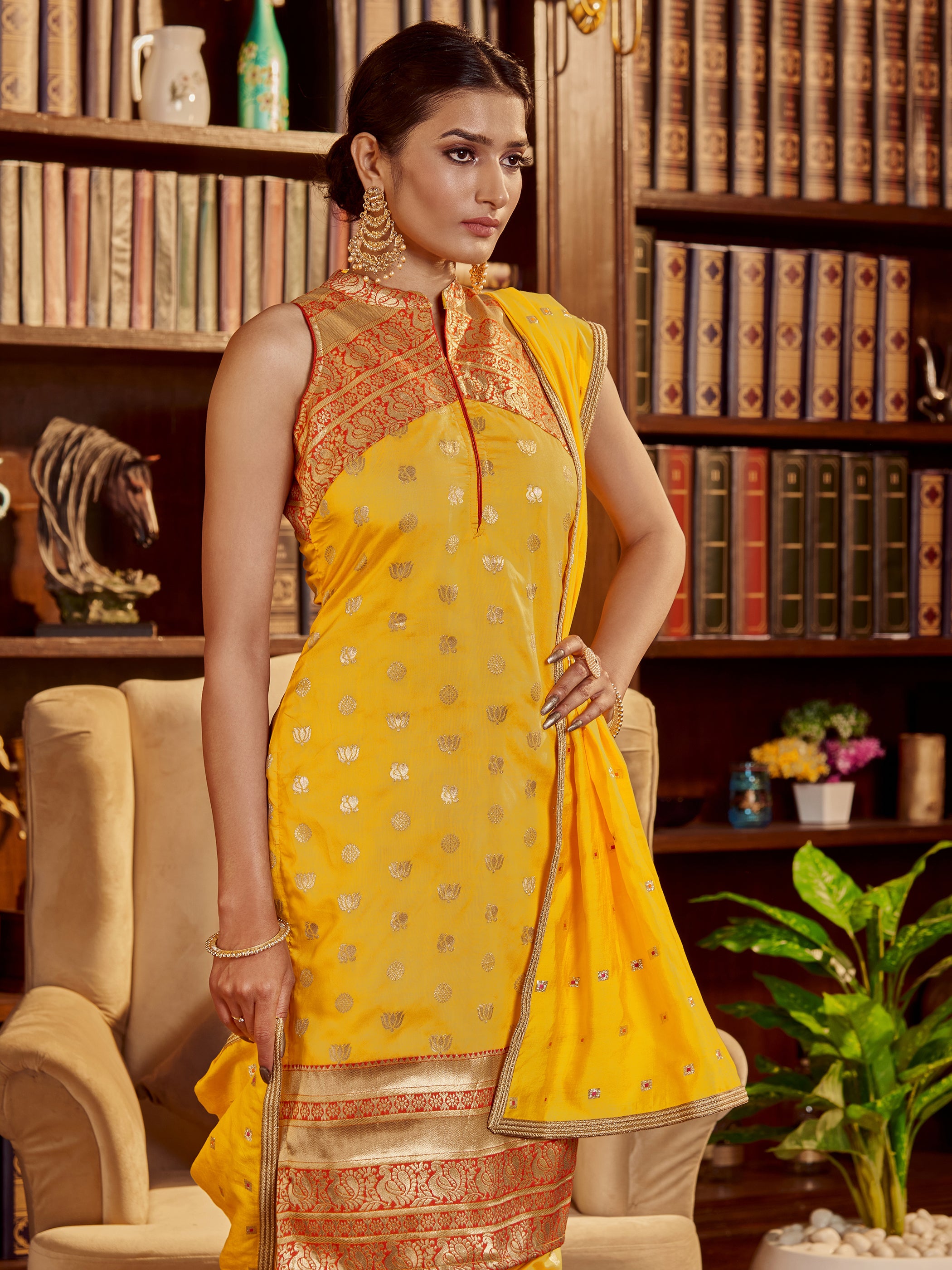 Yellow Color Woven Art Silk Kurti With Pant And Dupatta For Ceremonial