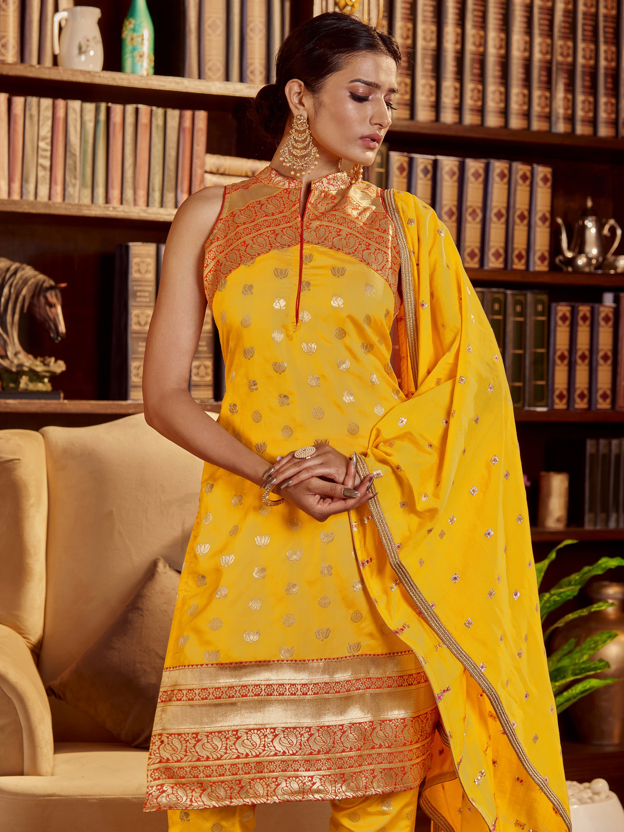 Yellow Color Woven Art Silk Kurti With Pant And Dupatta For Ceremonial