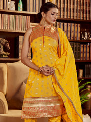 Yellow Color Woven Art Silk Kurti With Pant And Dupatta For Ceremonial