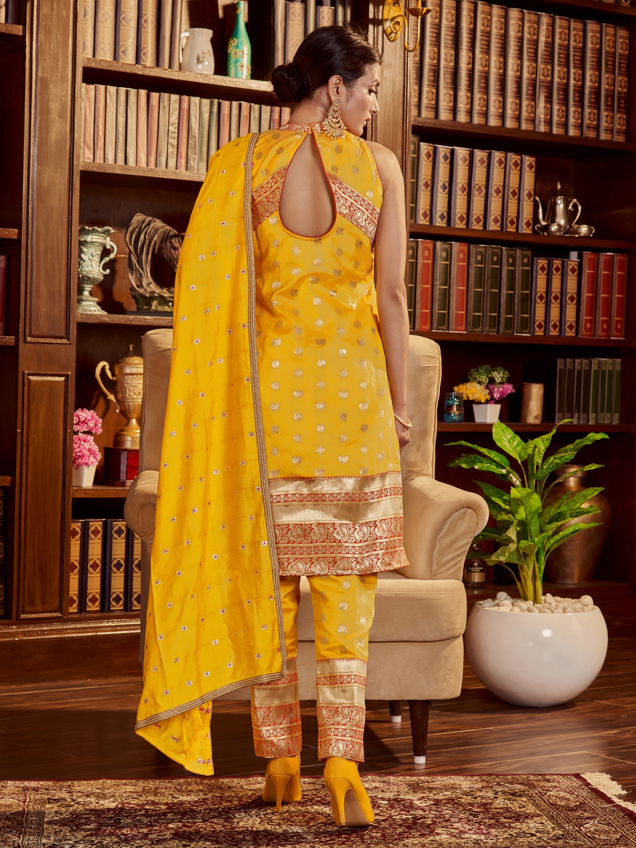 Yellow Color Woven Art Silk Kurti With Pant And Dupatta For Ceremonial