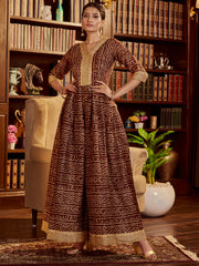 Brown Color Printed Cotton Long Gown For Festival