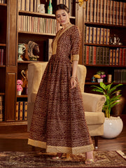 Brown Color Printed Cotton Long Gown For Festival