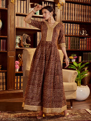 Brown Color Printed Cotton Long Gown For Festival