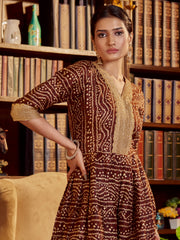 Brown Color Printed Cotton Long Gown For Festival