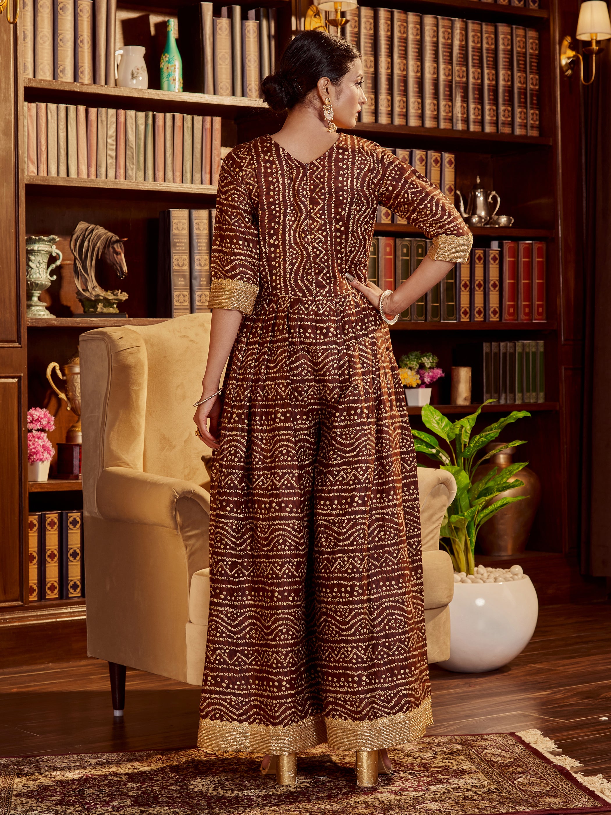 Brown Color Printed Cotton Long Gown For Festival