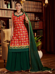 Red Color Printed Cotton Kurti With Sharara And Dupatta For Wedding