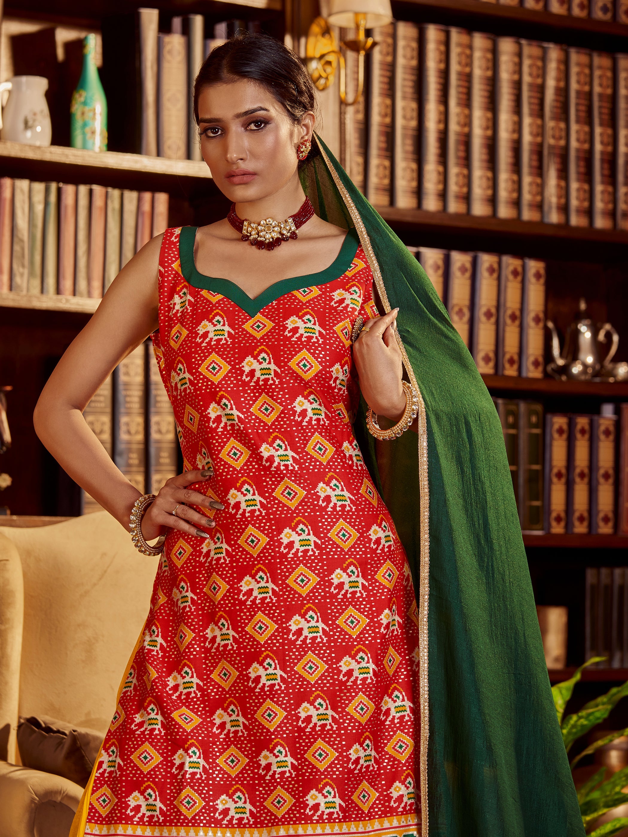 Red Color Printed Cotton Kurti With Sharara And Dupatta For Wedding