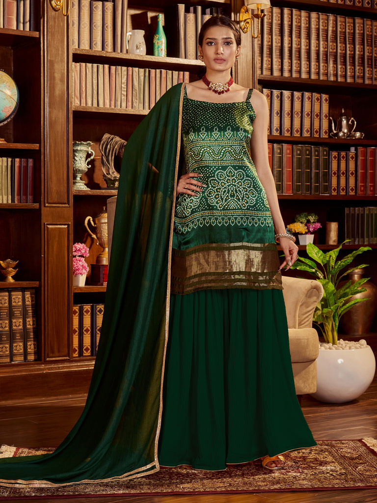 Green Color Printed Woven Satin Kurti With Sharara And Dupatta For Wedding