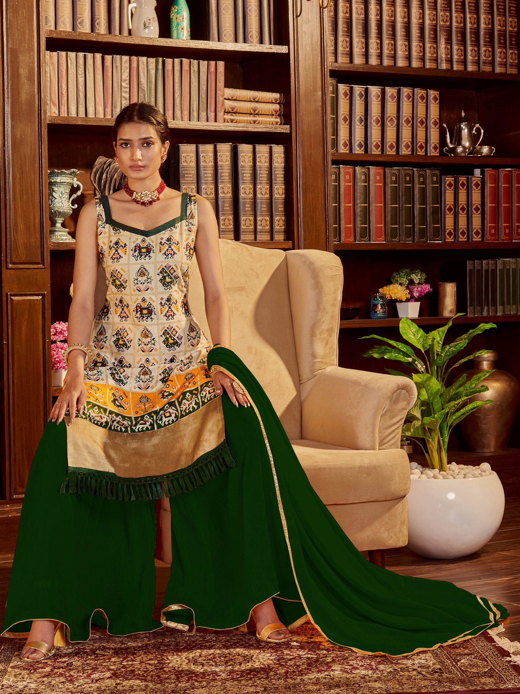 Beige Color Printed Cotton Kurti With Sharara And Dupatta For Wedding