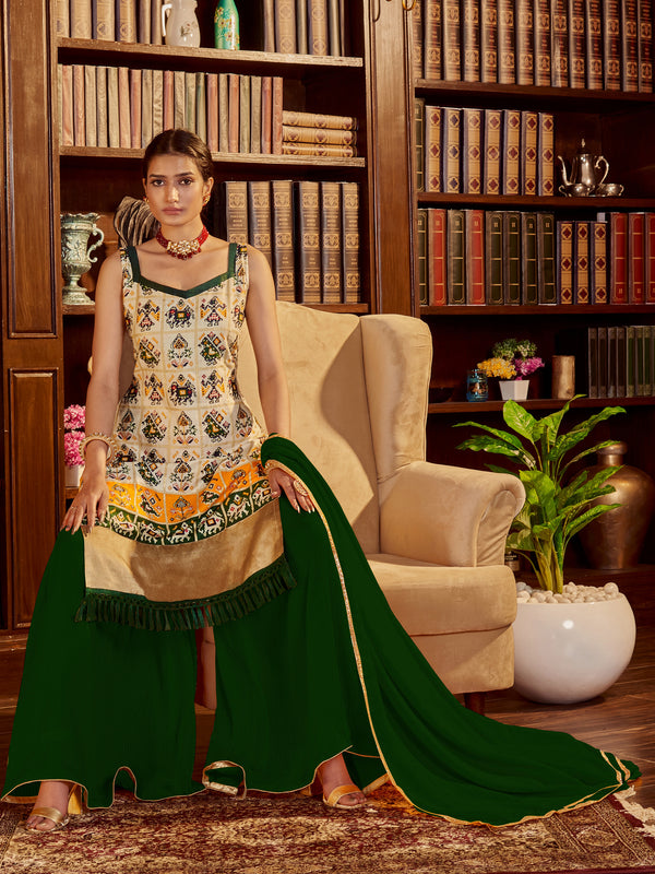 Beige Color Printed Cotton Kurti With Sharara And Dupatta For Wedding