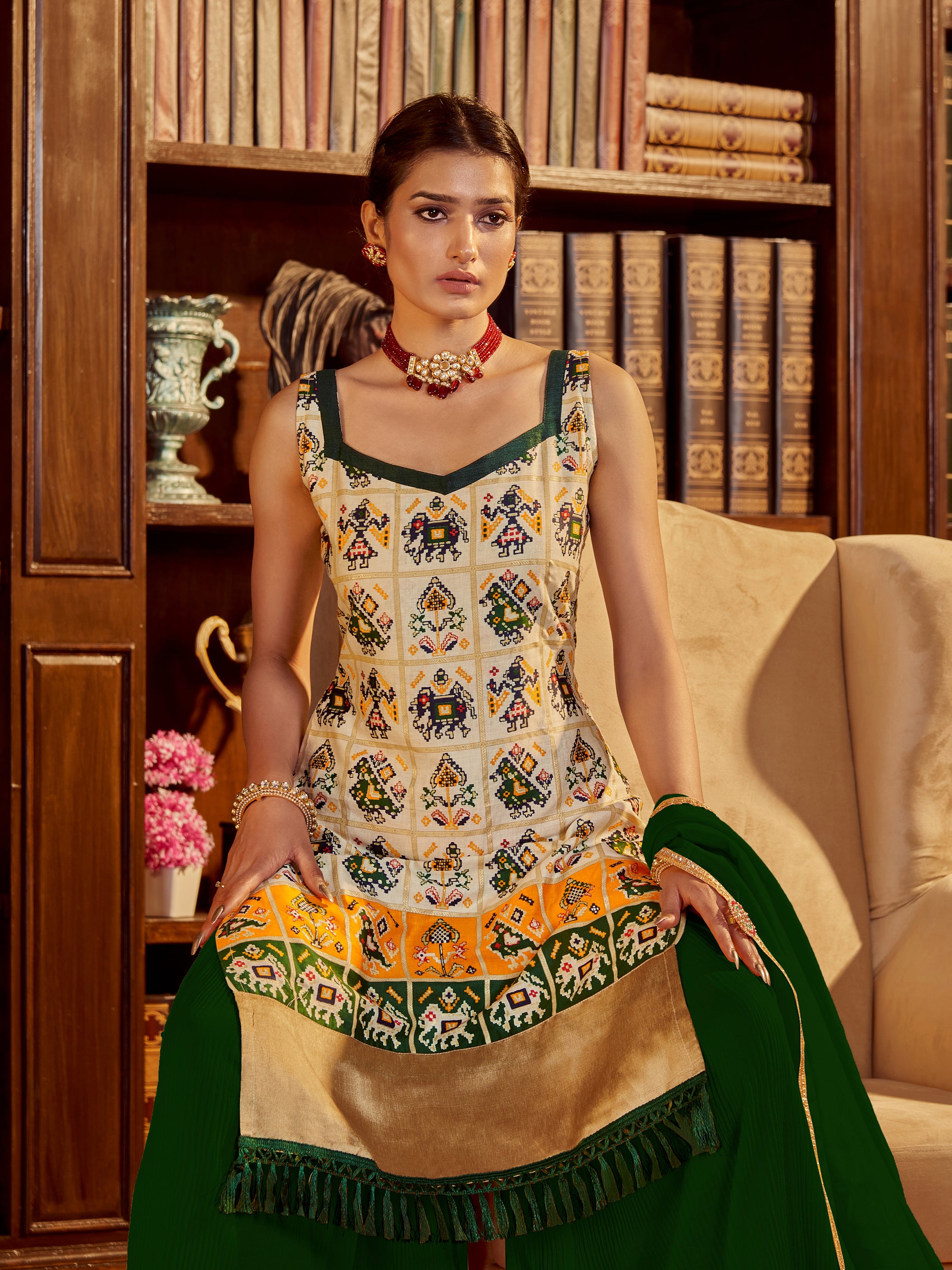 Beige Color Printed Cotton Kurti With Sharara And Dupatta For Wedding