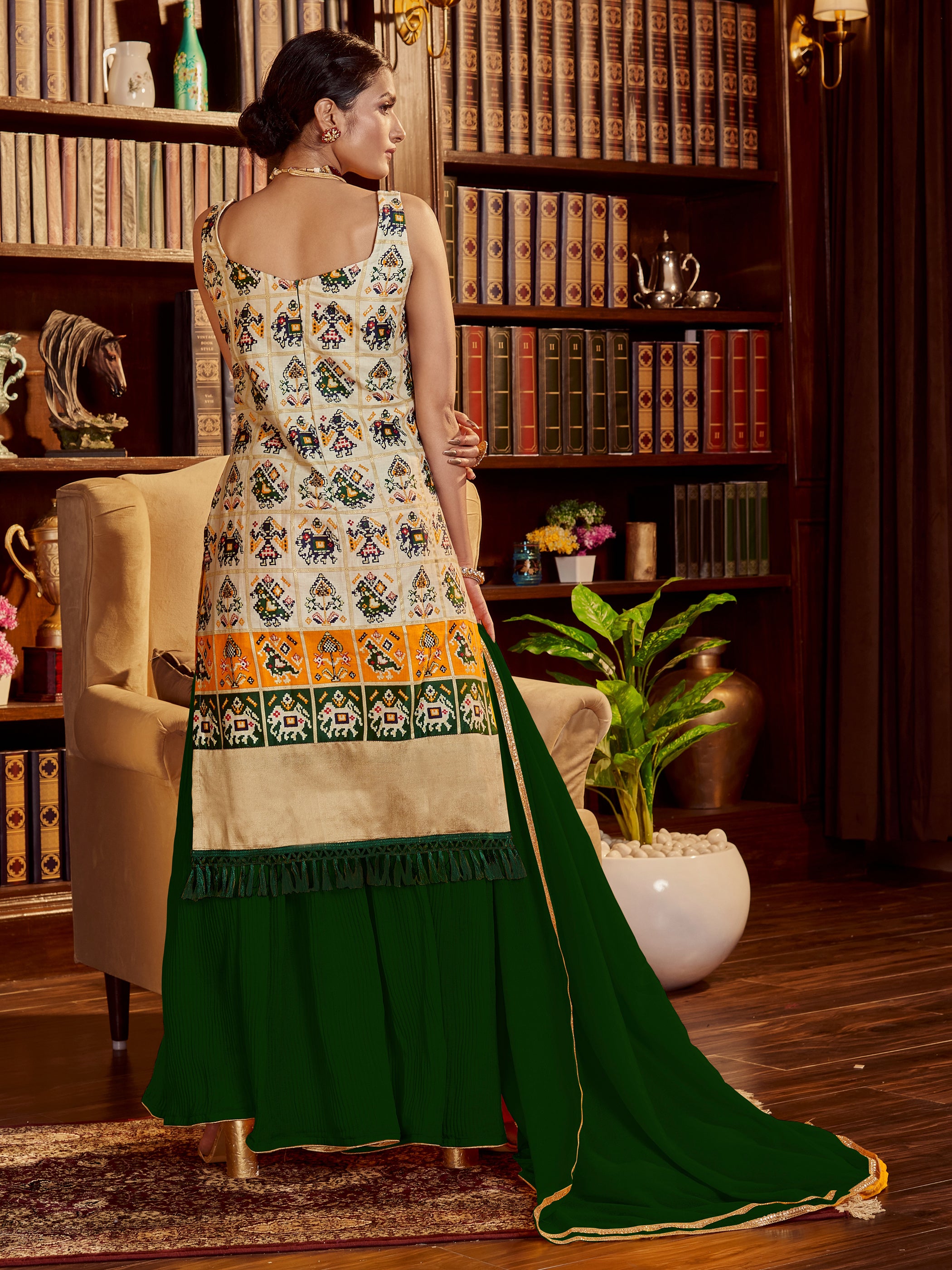 Beige Color Printed Cotton Kurti With Sharara And Dupatta For Wedding