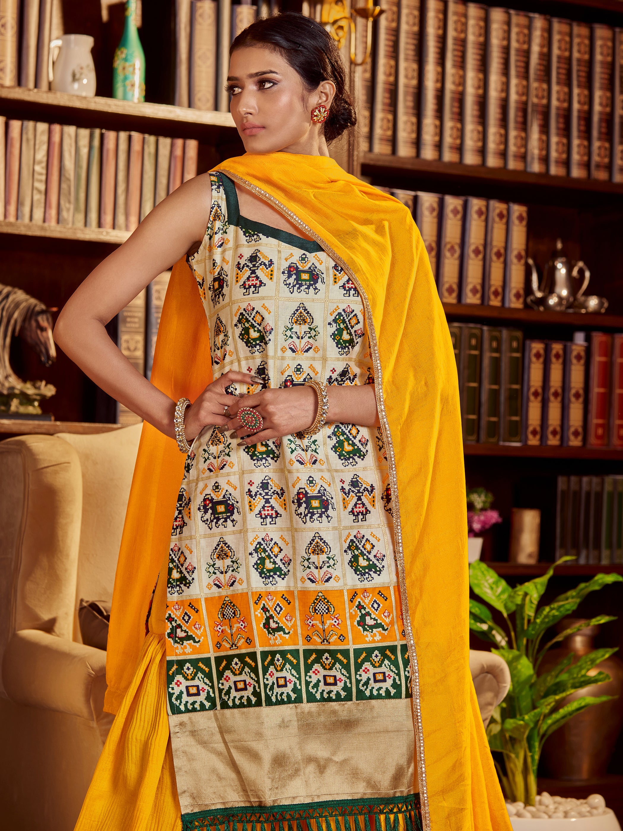 Beige Color Printed Cotton Kurti With Sharara And Dupatta For Wedding