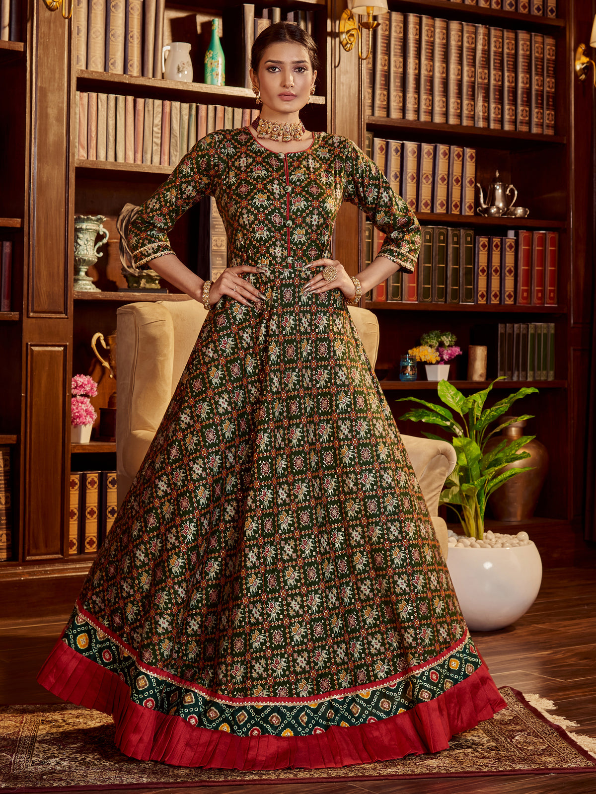 Green Color Printed Cotton Log Gown For Reception