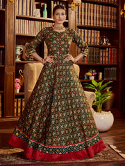 Green Color Printed Cotton Log Gown For Reception