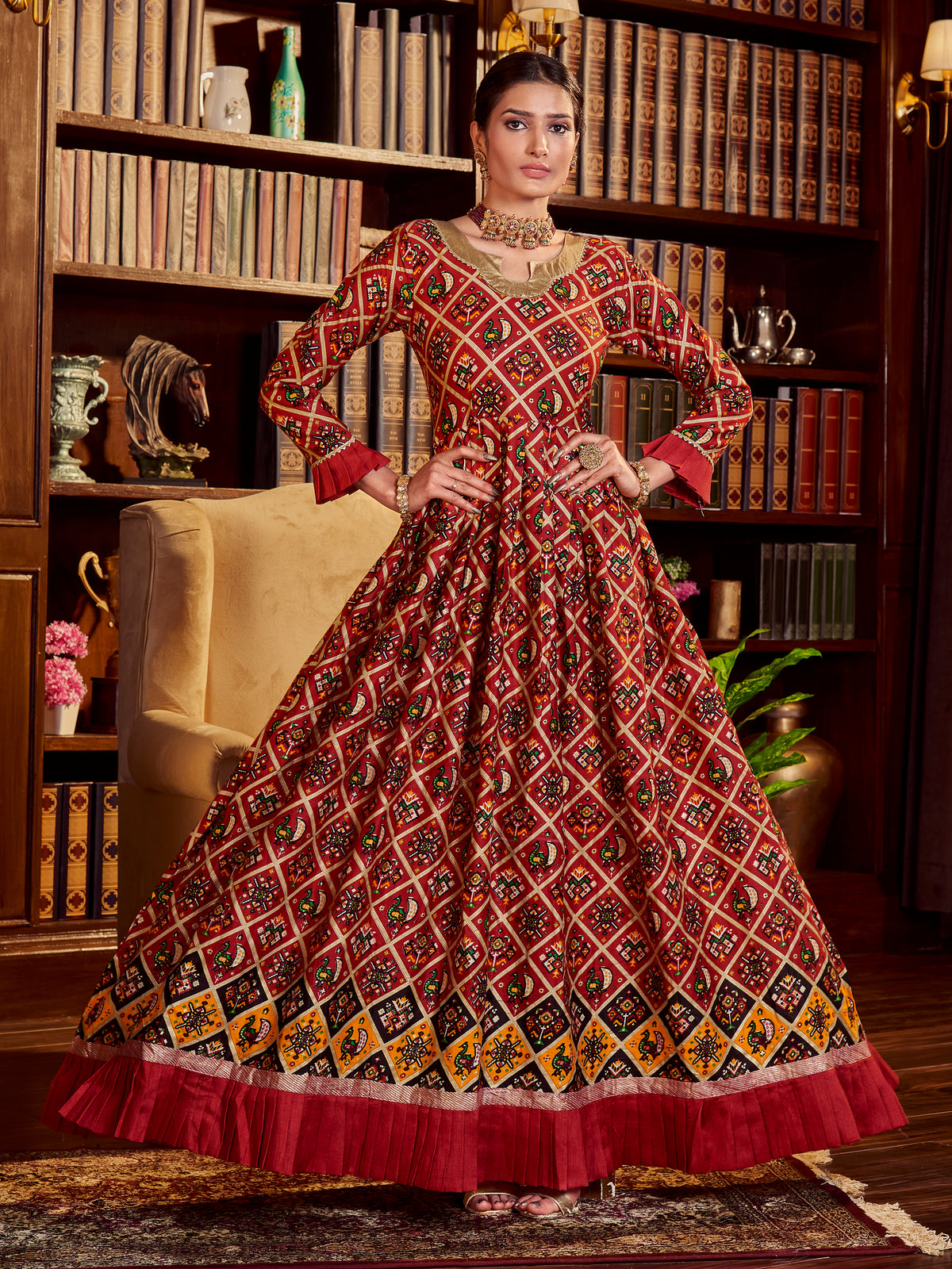 Maroon Color Printed Cotton Long Gown For Reception