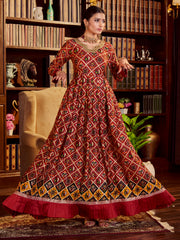 Maroon Color Printed Cotton Long Gown For Reception