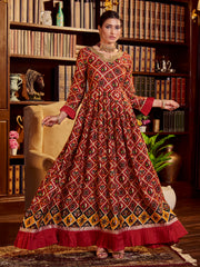 Maroon Color Printed Cotton Long Gown For Reception