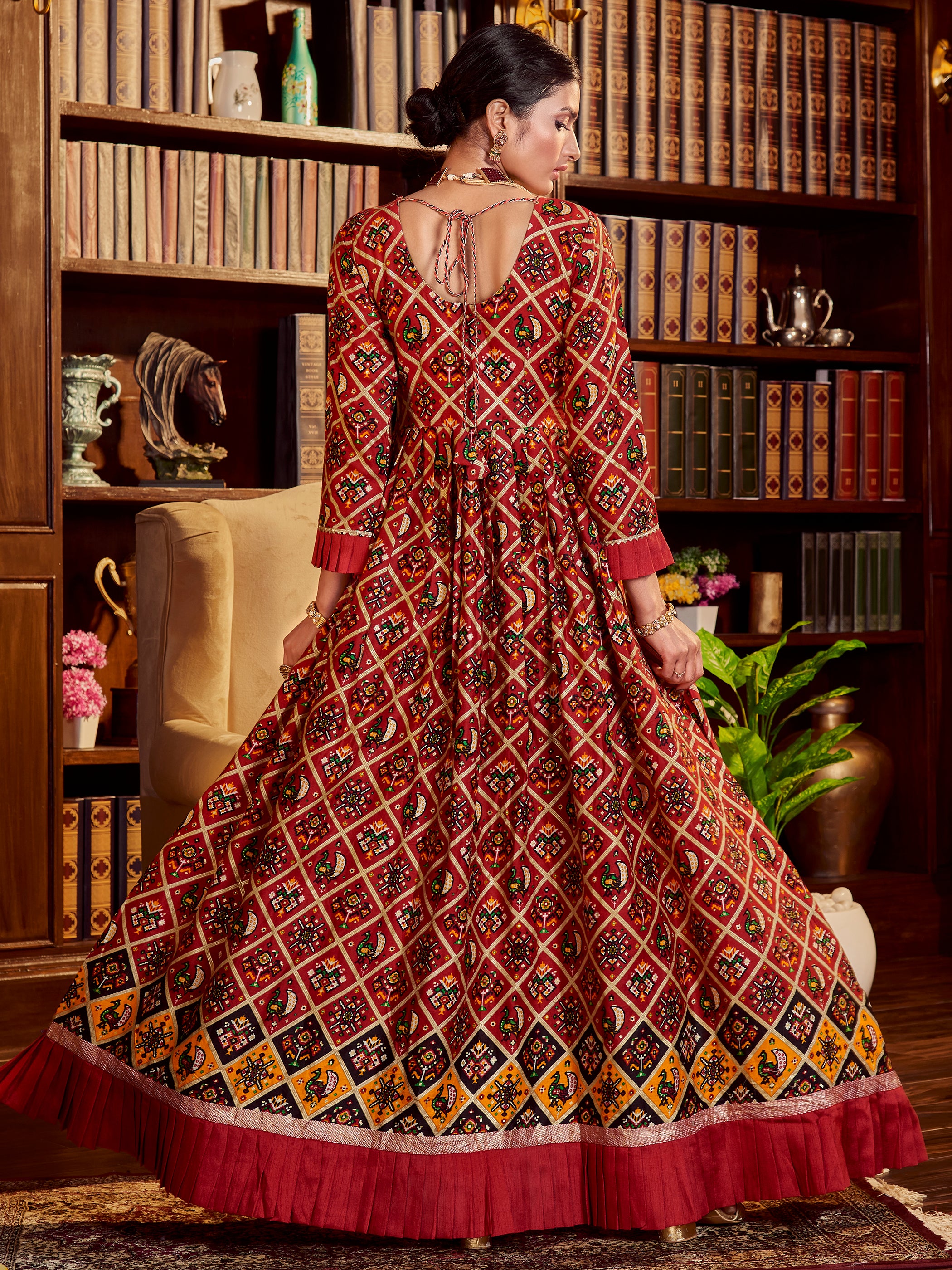 Maroon Color Printed Cotton Long Gown For Reception