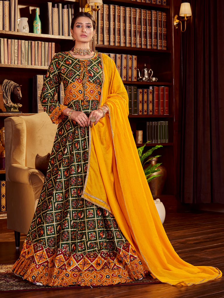 Green Color Printed Cotton Kurta With Dupatta For Reception