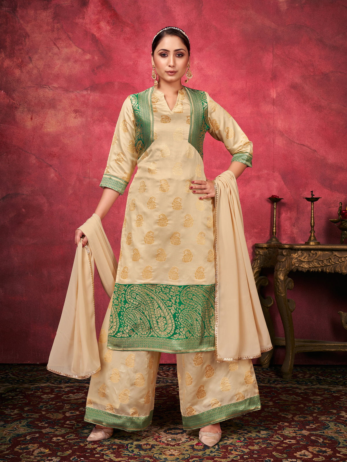 Beige Woven Art Silk Readymade Women Kurta Set