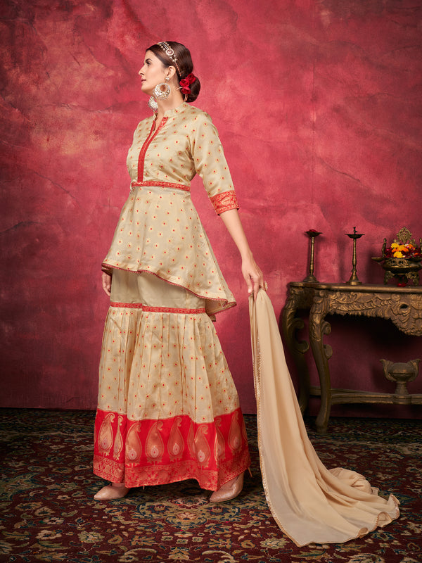 Beige Color Woven Art Silk  For Mehndi