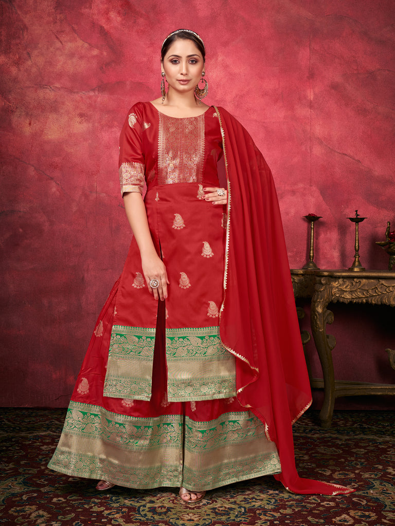 Red Color Woven Art Silk  For Mehndi