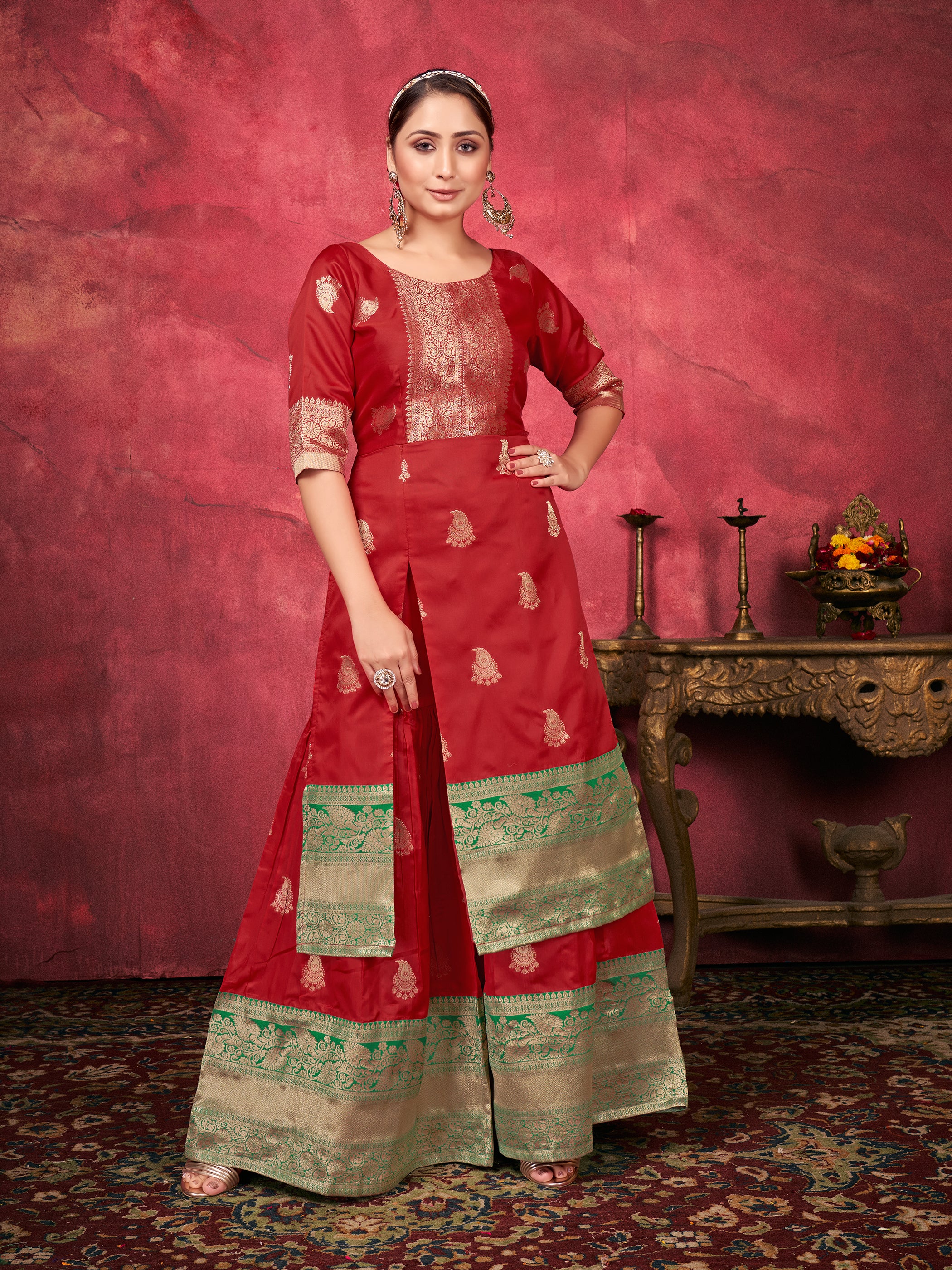 Red Color Woven Art Silk  For Mehndi