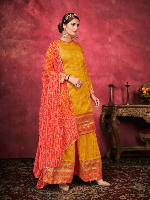 Yellow Color Woven Art Silk  For Mehndi