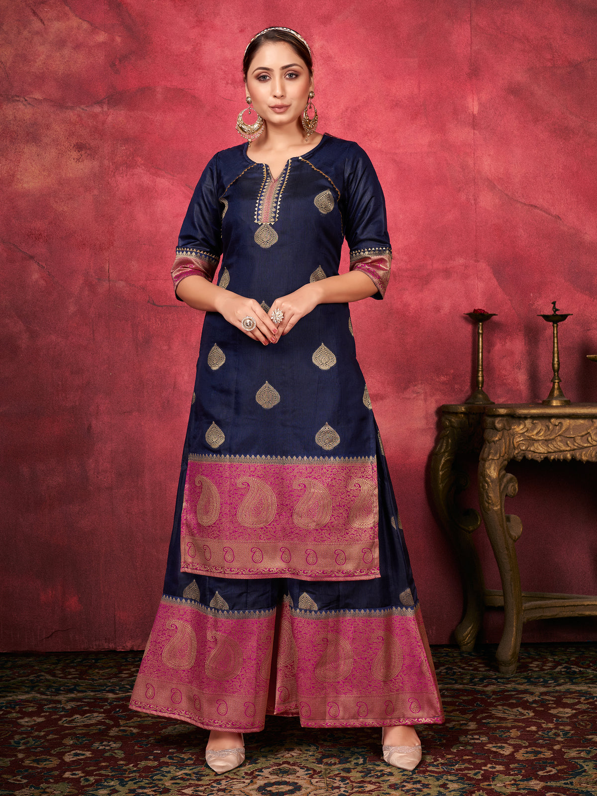 Navy Blue Color Woven Art Silk  For Mehndi