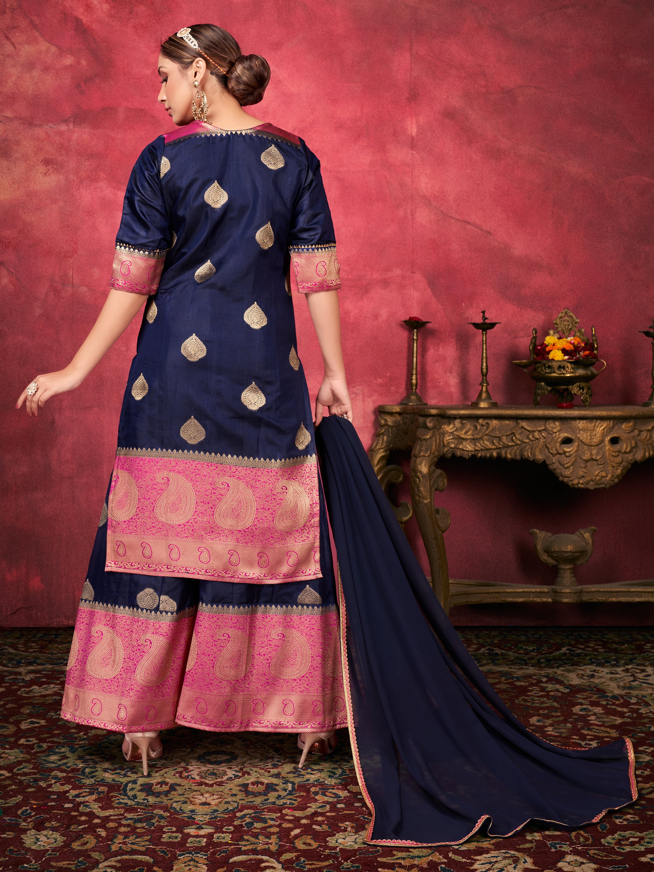 Navy Blue Color Woven Art Silk  For Mehndi