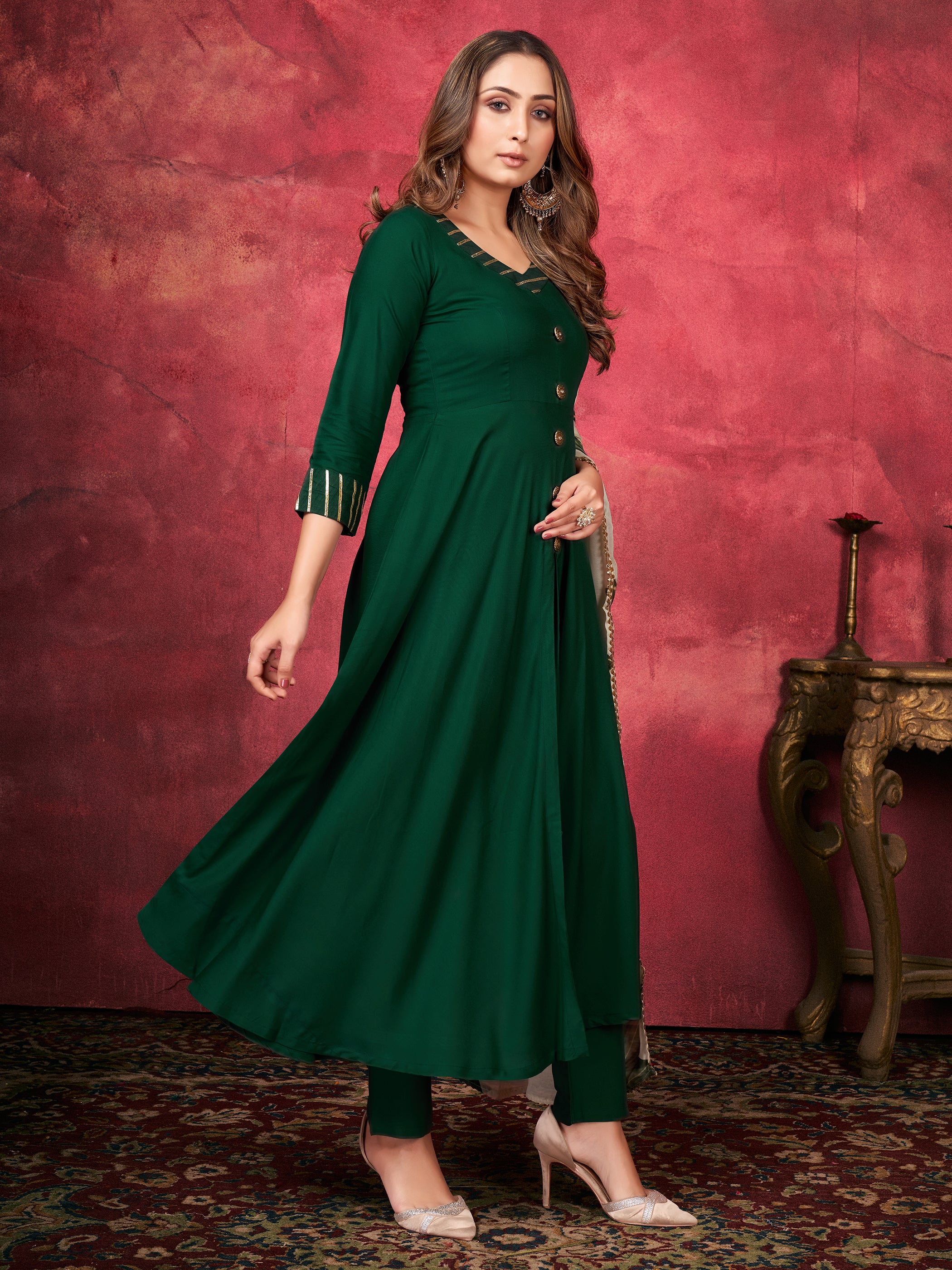 Dark Green Color Solid Rayon  For Ceremonial