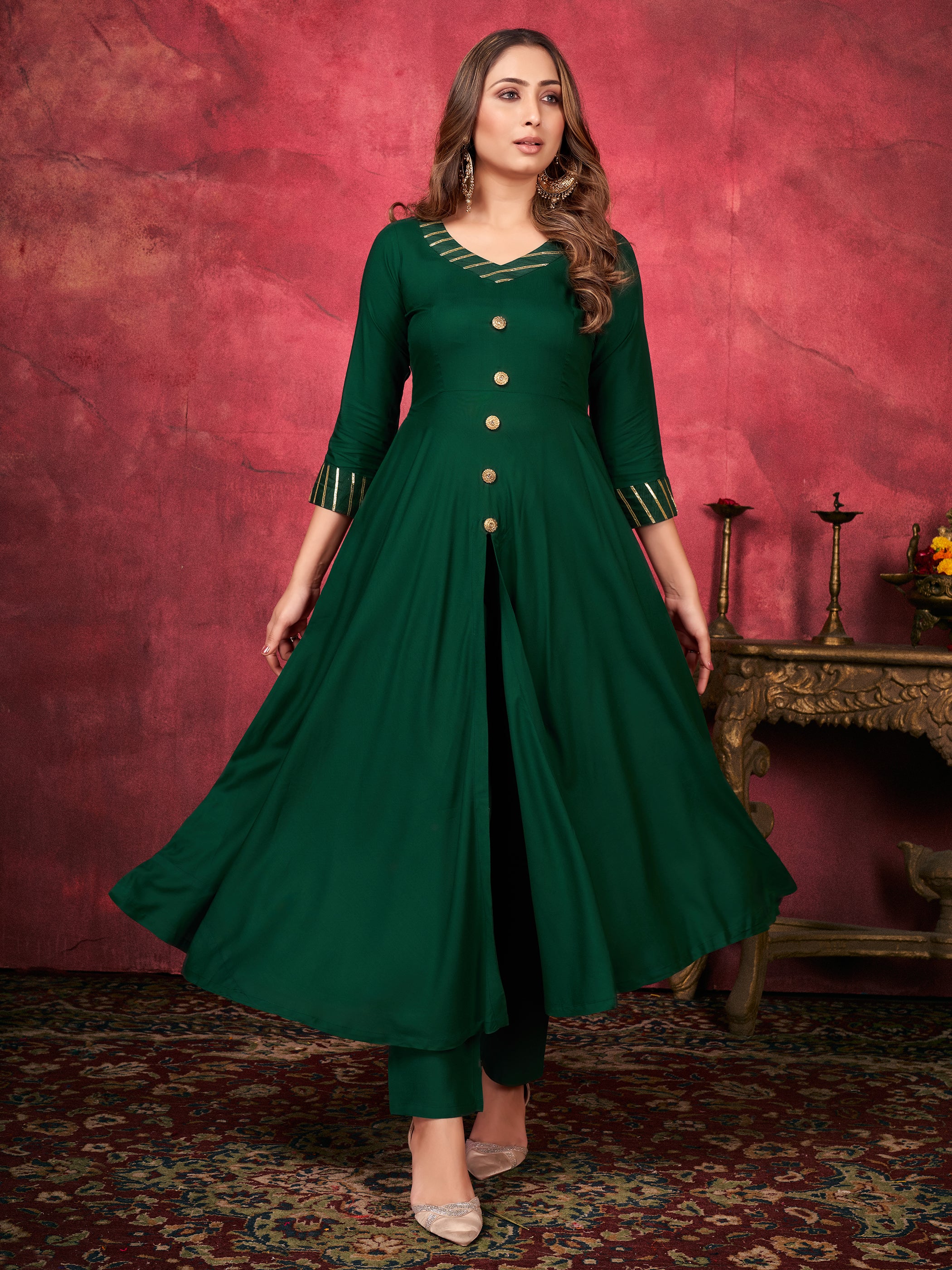 Dark Green Color Solid Rayon  For Ceremonial