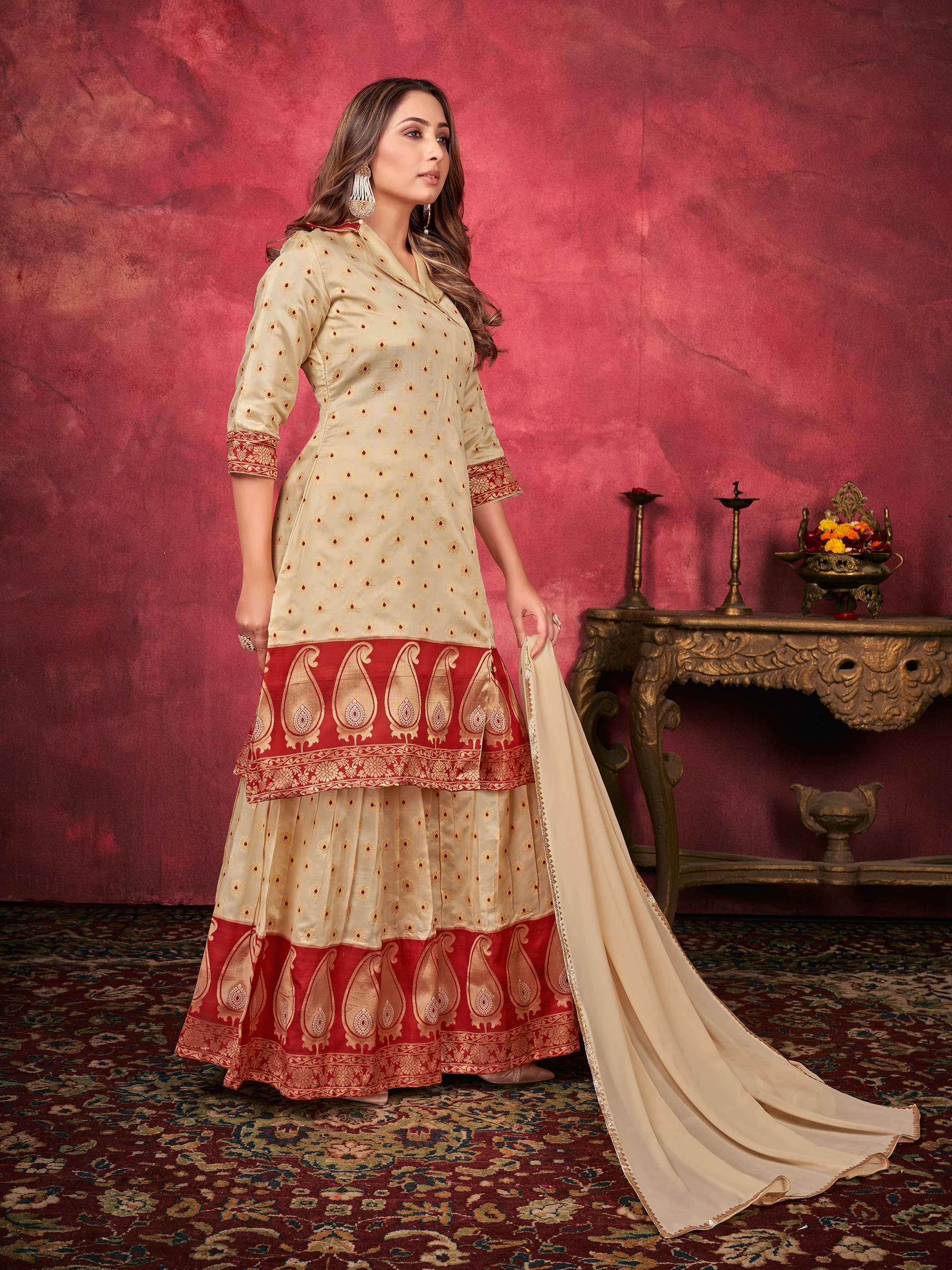 Beige Color Woven Art Silk  For Ceremonial