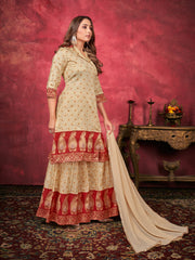 Beige Color Woven Art Silk  For Ceremonial