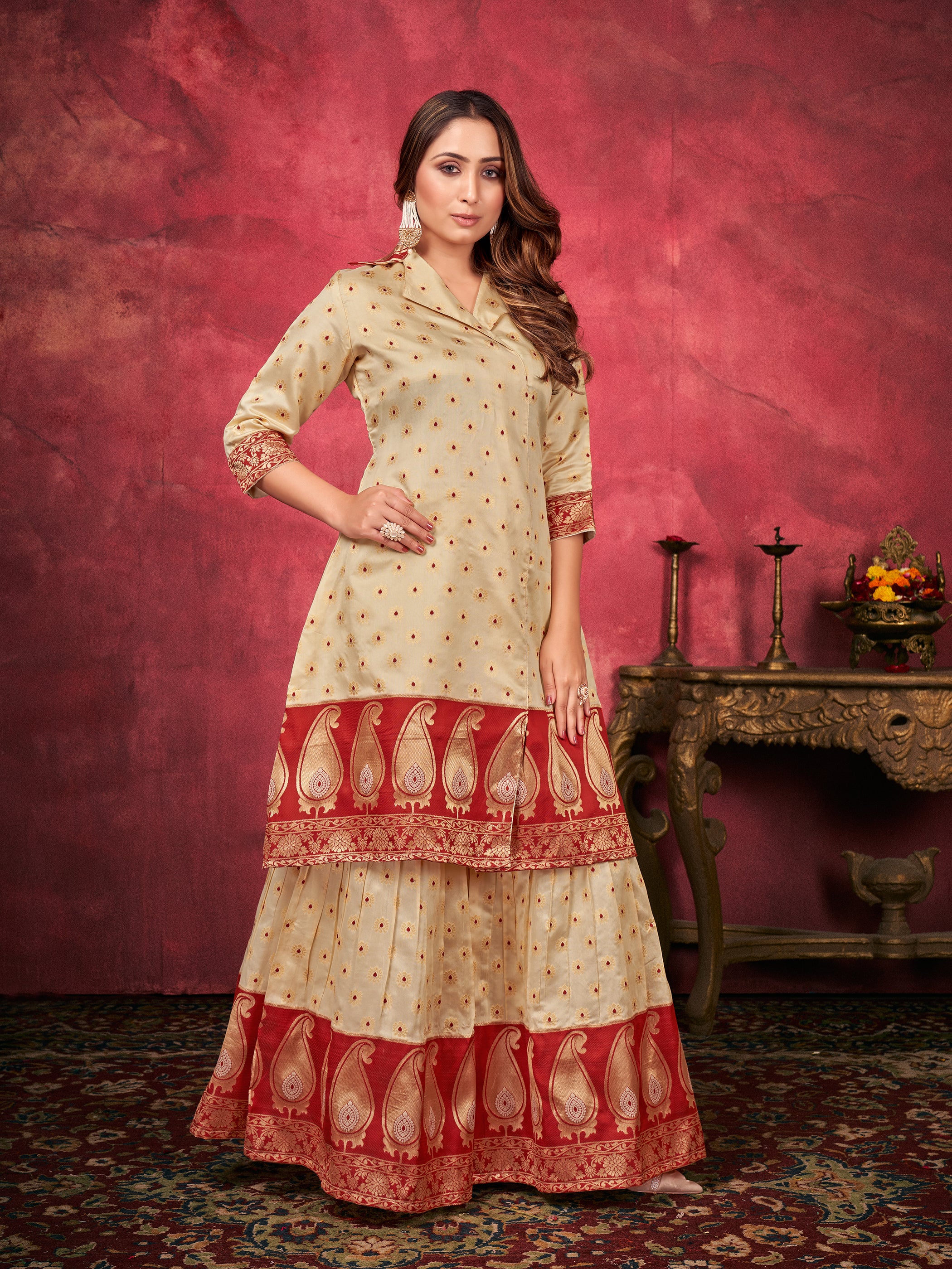 Beige Color Woven Art Silk  For Ceremonial