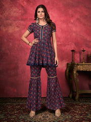 Blue Color Printed Rayon Kurta Set For Ceremonial