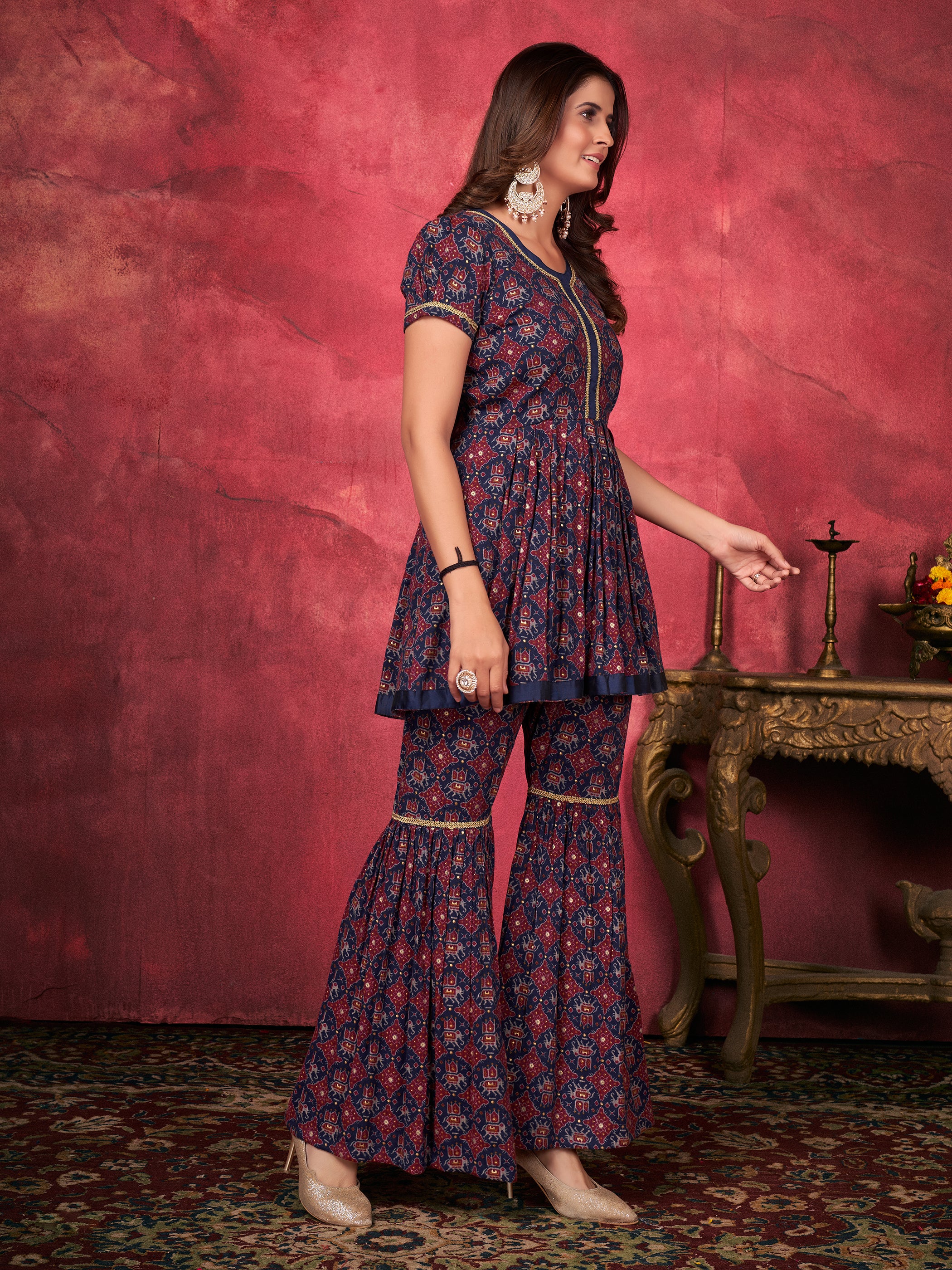 Blue Color Printed Rayon Kurta Set For Ceremonial