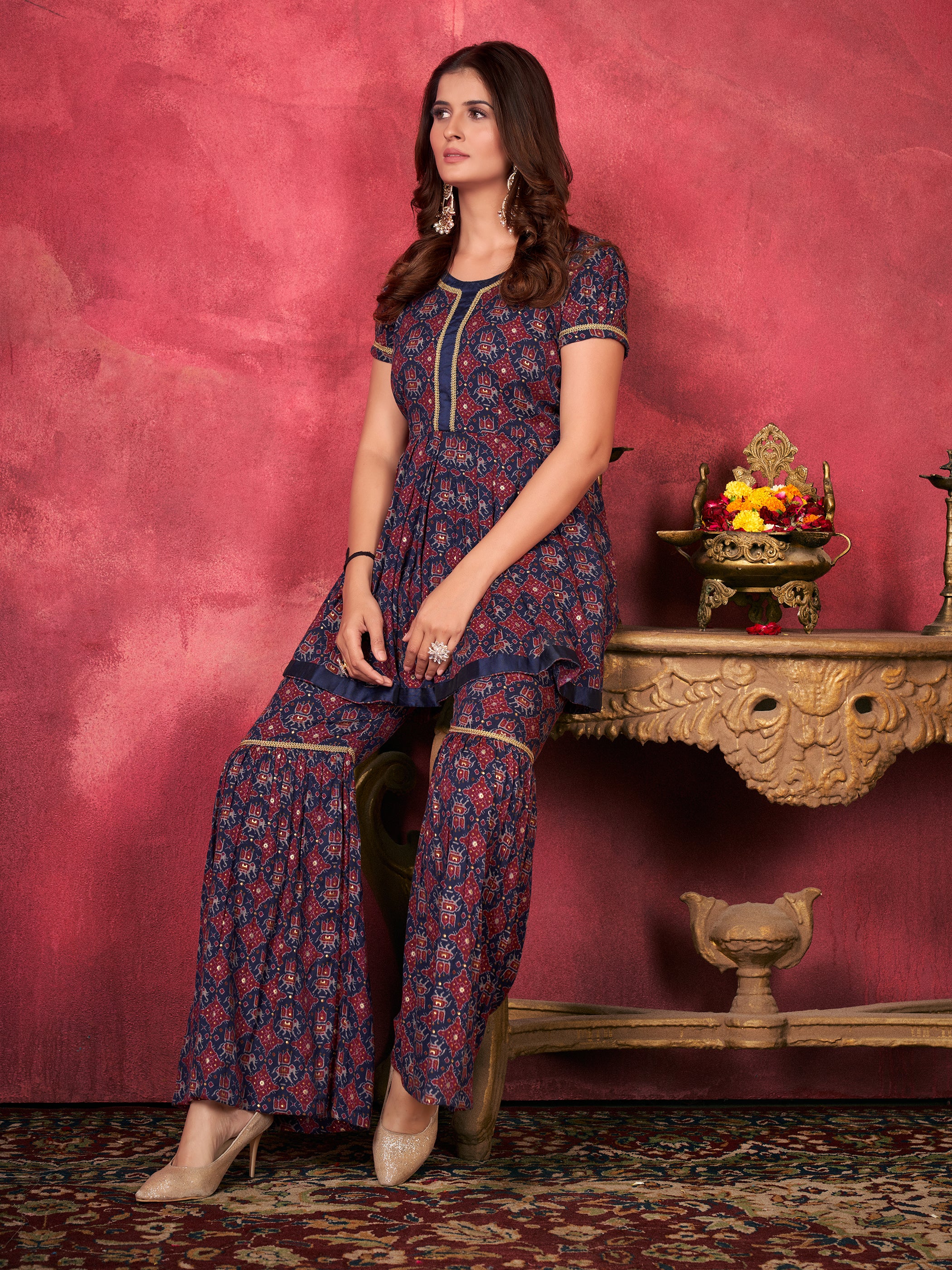 Blue Color Printed Rayon Kurta Set For Ceremonial