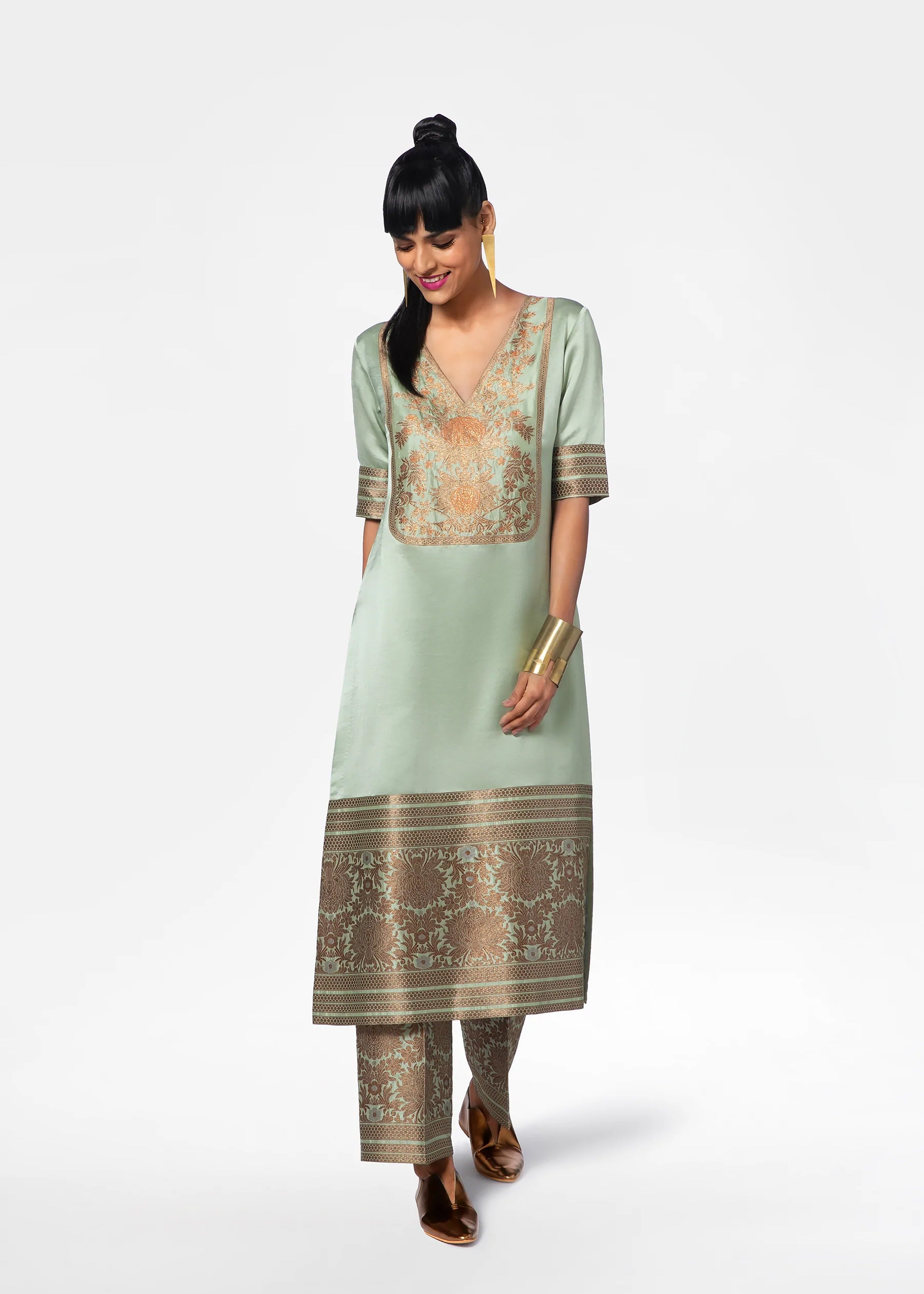 Light Green Color Art Silk Kurti With Pant For Women