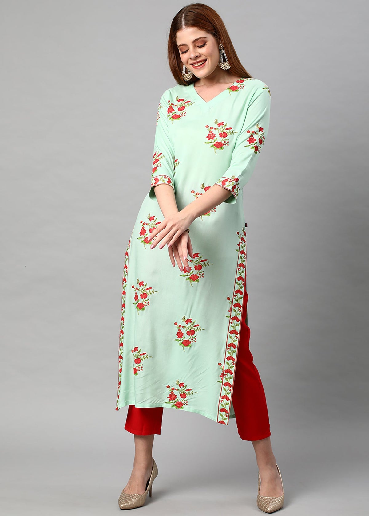 Light Green Printed Rayon Kurti With Pant