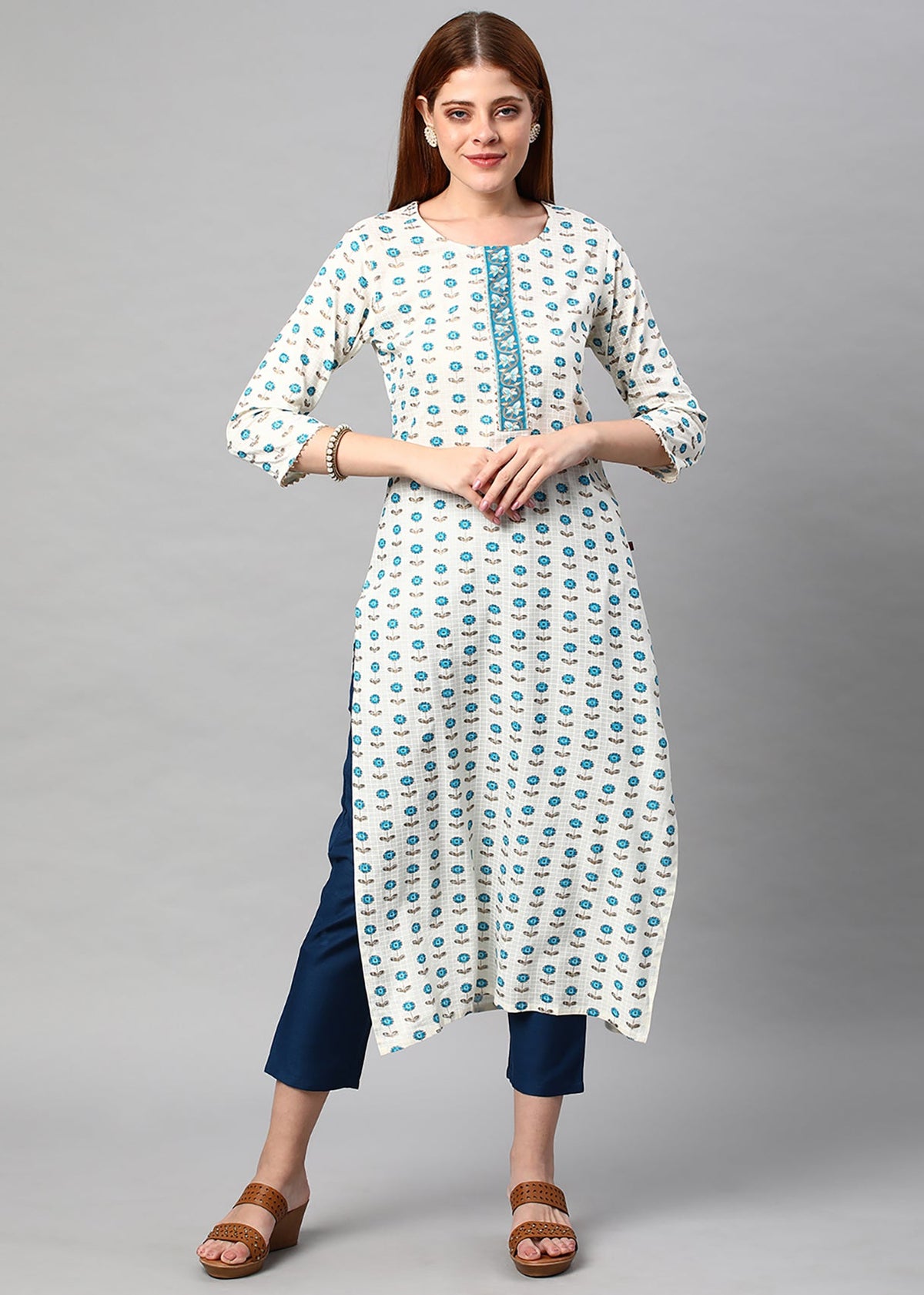 White Color Printed Rayon Kurti With Pant For Women