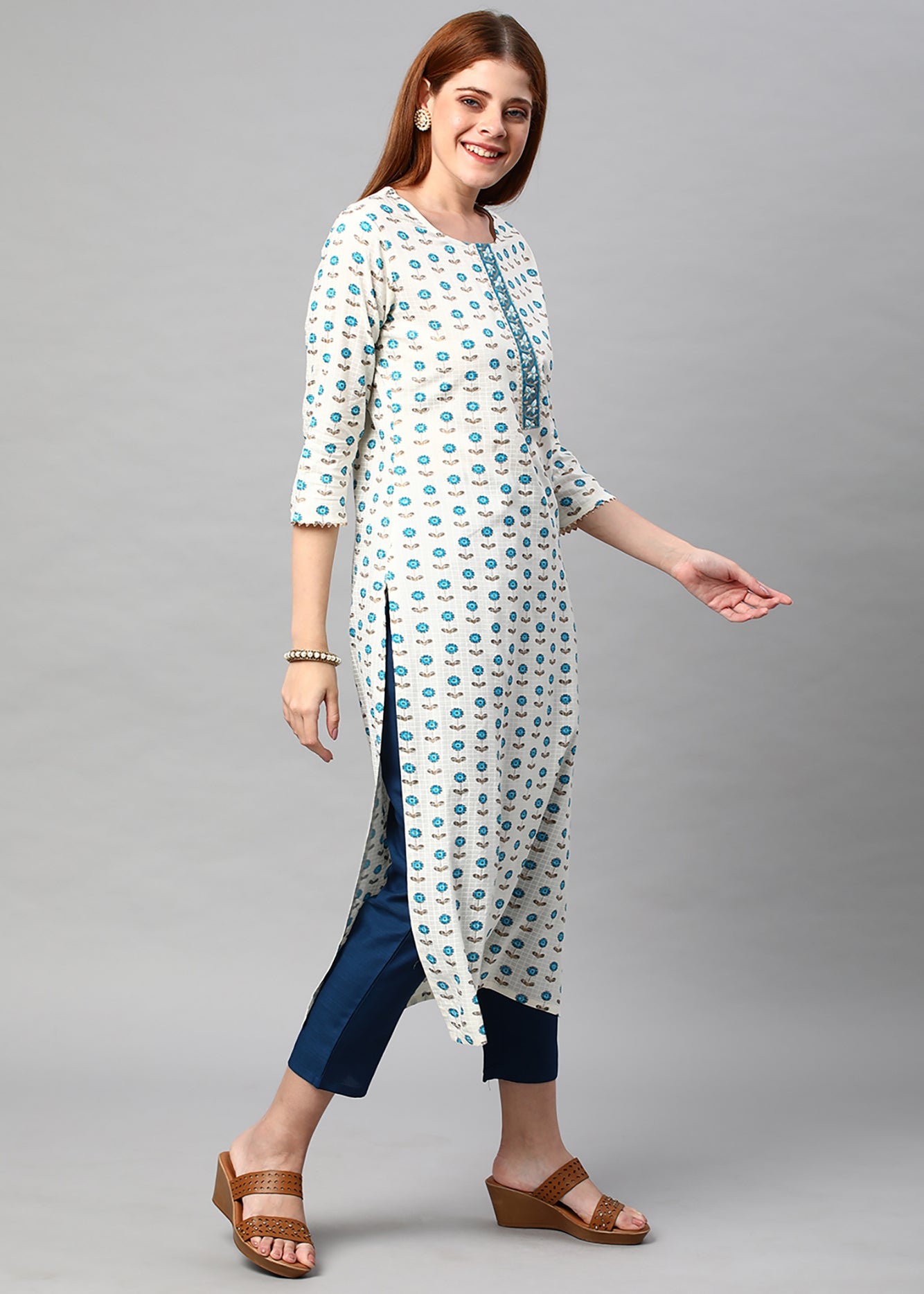 White Color Printed Rayon Kurti With Pant For Women