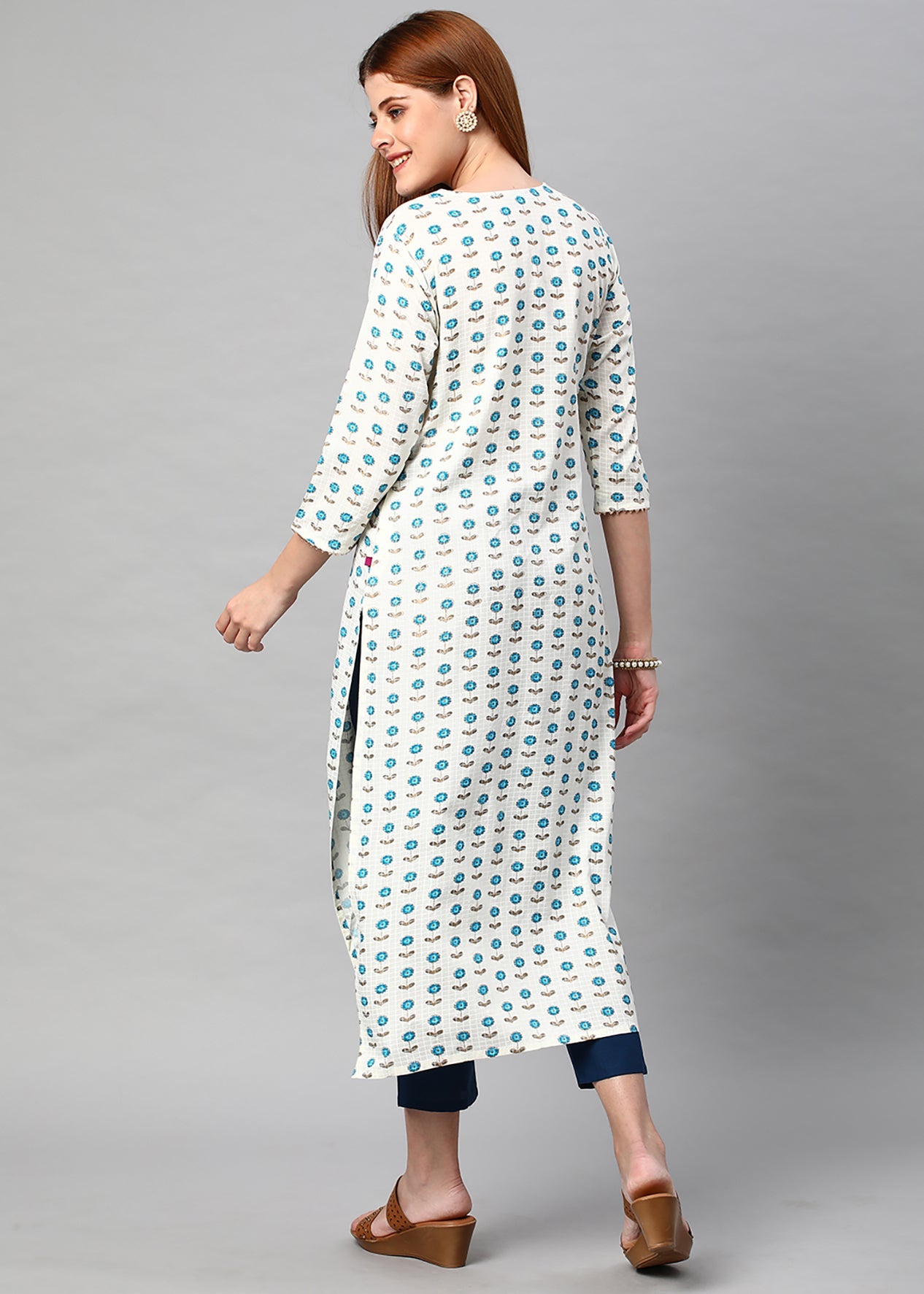 White Color Printed Rayon Kurti With Pant For Women