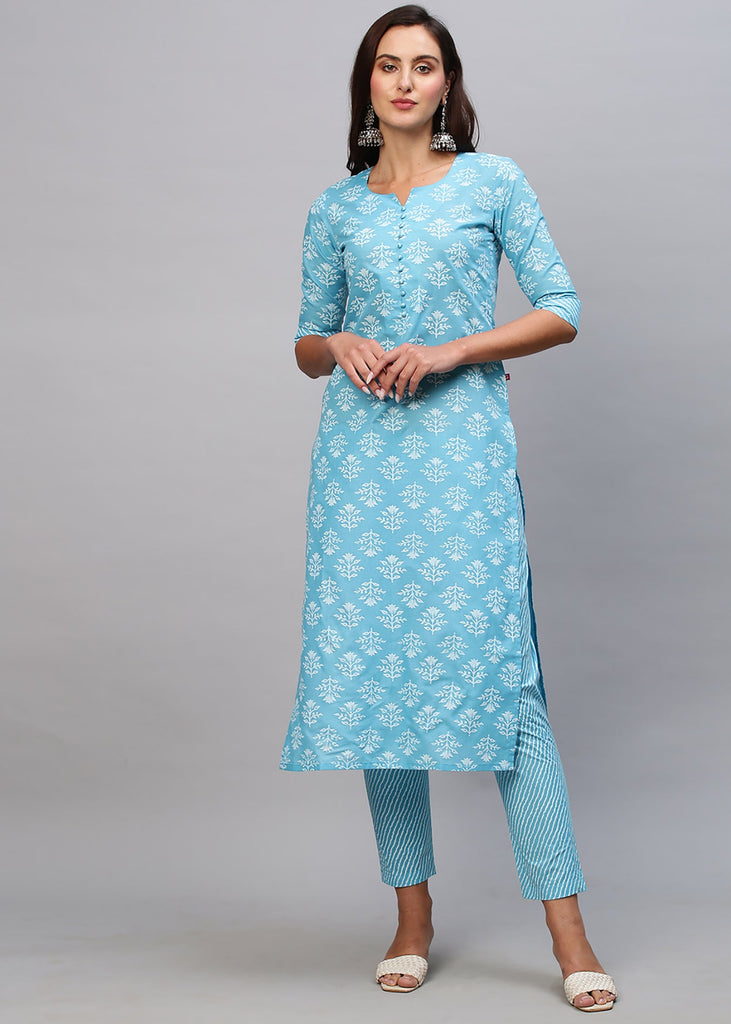 Off White Color Printed Rayon Kurti With Pant For Women
