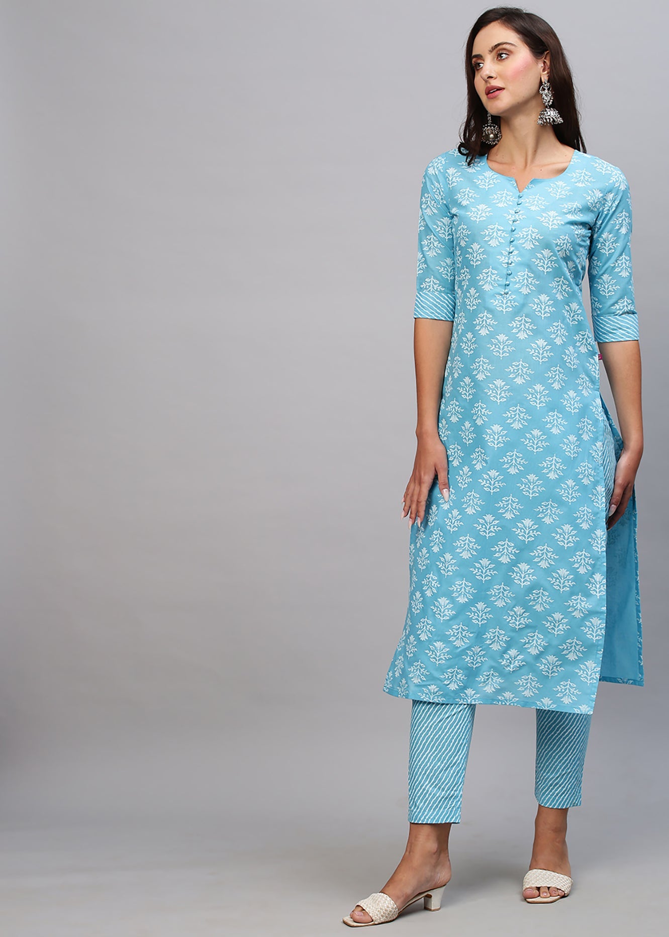 Off White Color Printed Rayon Kurti With Pant For Women